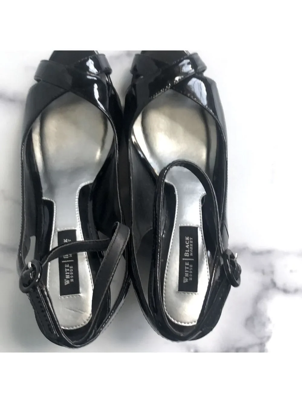 White House Black Market Wedge Karen Black Patent Leather Sandals Size 6.5m